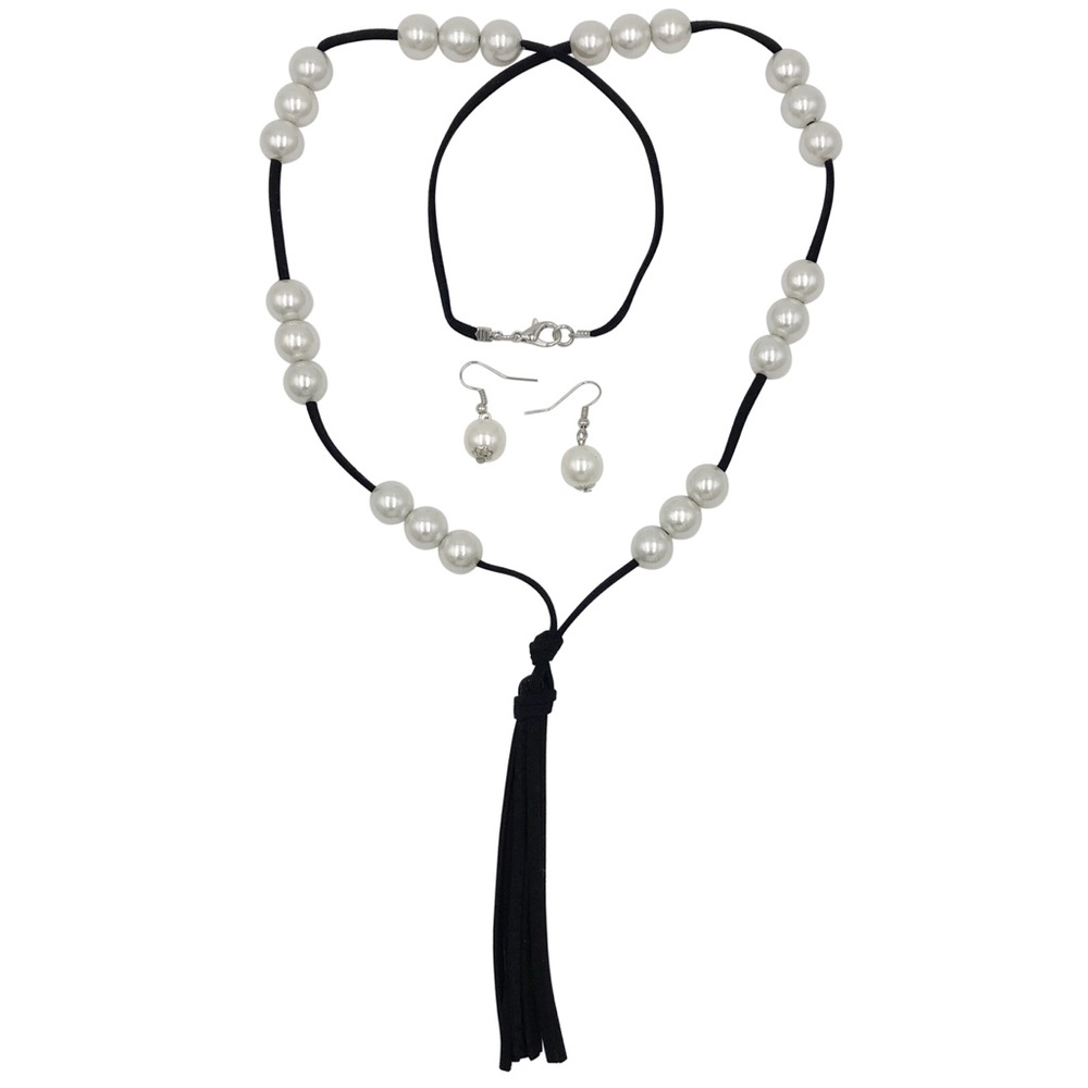 🔴 CLEARANCE Long Suede & Pearl Tassel Necklace & Earrings Set
